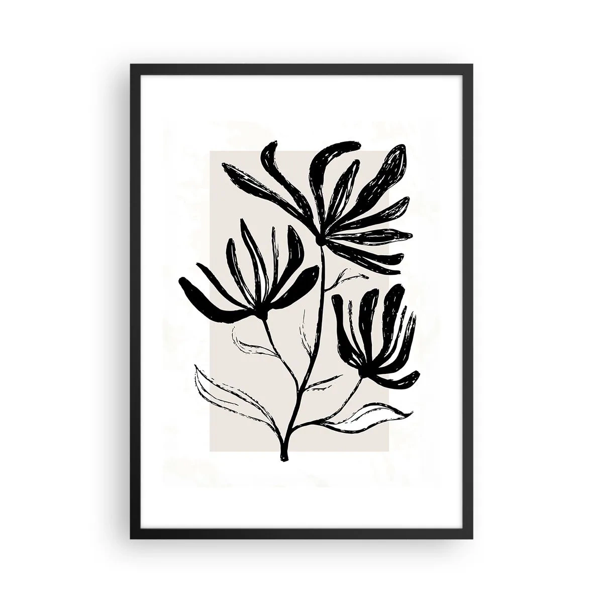 Poster în ramă neagră - Ilustrație alb-negru a florilor pe un fundal bej - 50x70cm - Schiță pentru ierbar - Decorațiune modernă pentru perete pentru living și dormitor ARTTOR