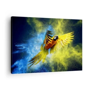 Tablou pe pânză Canvas - Un papagal în zbor pe un fundal de explozii colorate de galben și albastru. - 70x50cm - În praful albastru-auriu - Decorațiune modernă pentru perete pentru living și dormitor ARTTOR