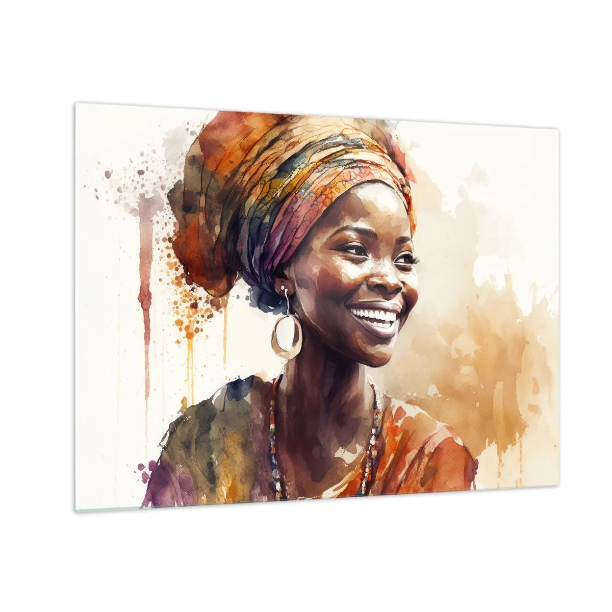 Tablou pe sticlă - Portret în acuarelă al unei femei zâmbitoare cu turban - 70x50cm - Regina africană - Decorațiune modernă pentru perete pentru living și dormitor ARTTOR
