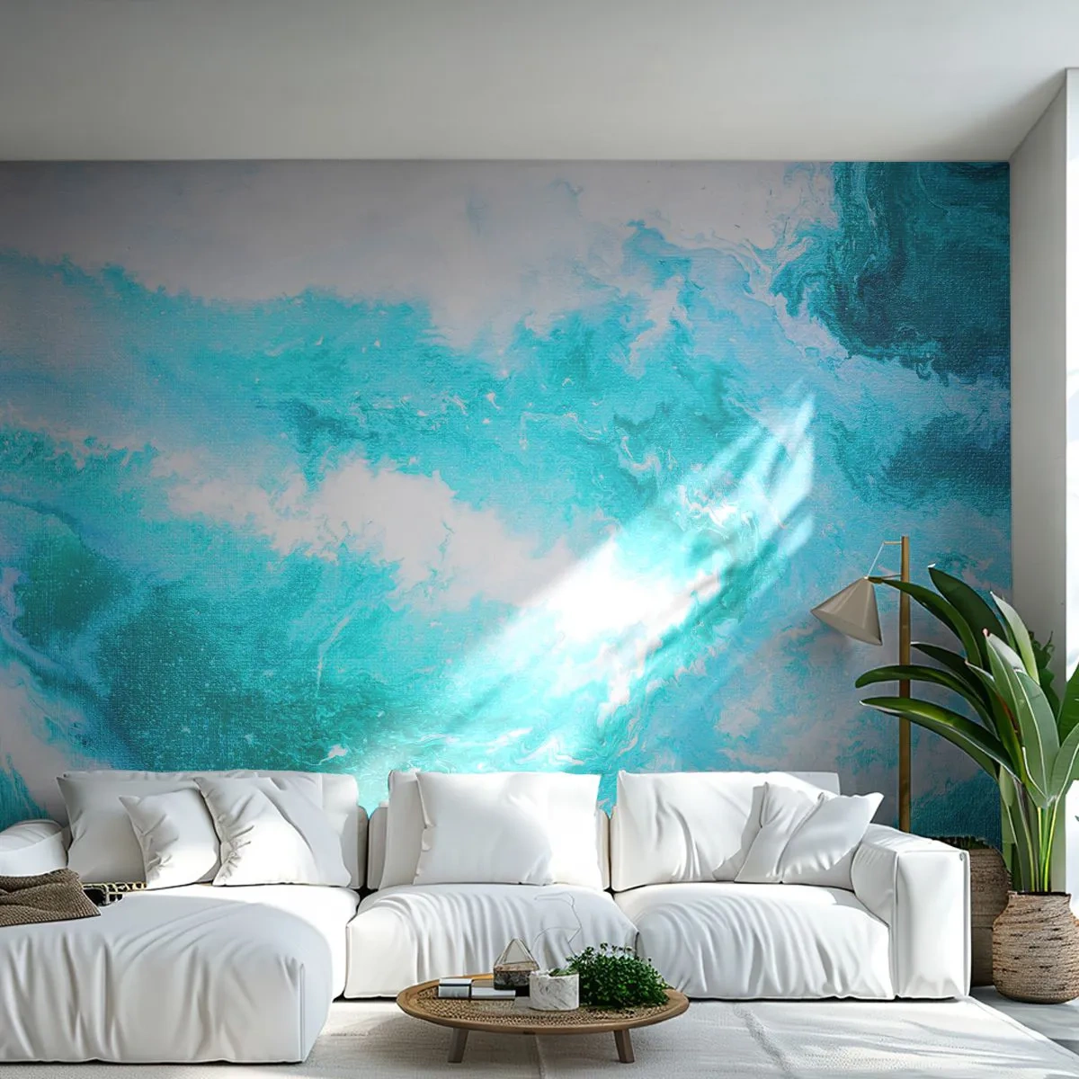 Tapet Standard Eco - O compoziție abstractă în nuanțe de turcoaz și alb. - 100x70cm - În nucleul elementului - Decorațiune modernă pentru perete pentru living și dormitor ARTTOR