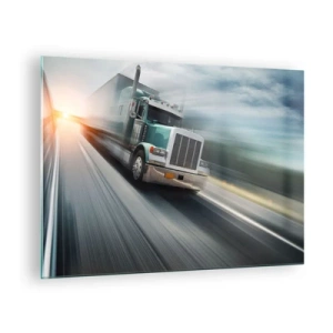 Tablou pe sticlă - Camion pe autostradă la apus - 70x50cm - Gigant american în mișcare - Decorațiune modernă pentru perete pentru living și dormitor ARTTOR