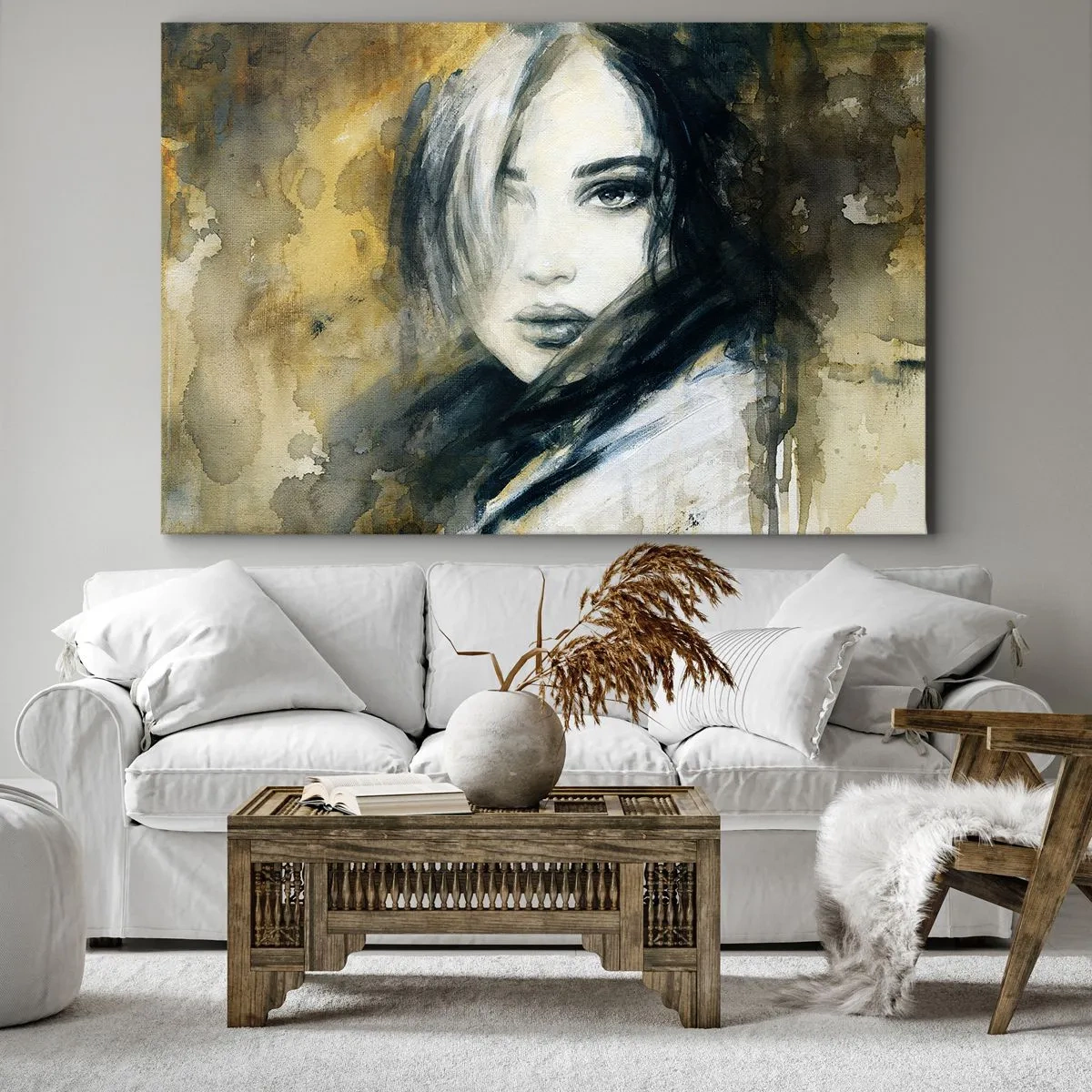Tablou pe pânză Canvas - Portret de femeie pe un fundal de pete abstracte în nuanțe de bej - 70x50cm - Mai inocentă sau mai senzuală? - Decorațiune modernă pentru perete pentru living și dormitor ARTTOR