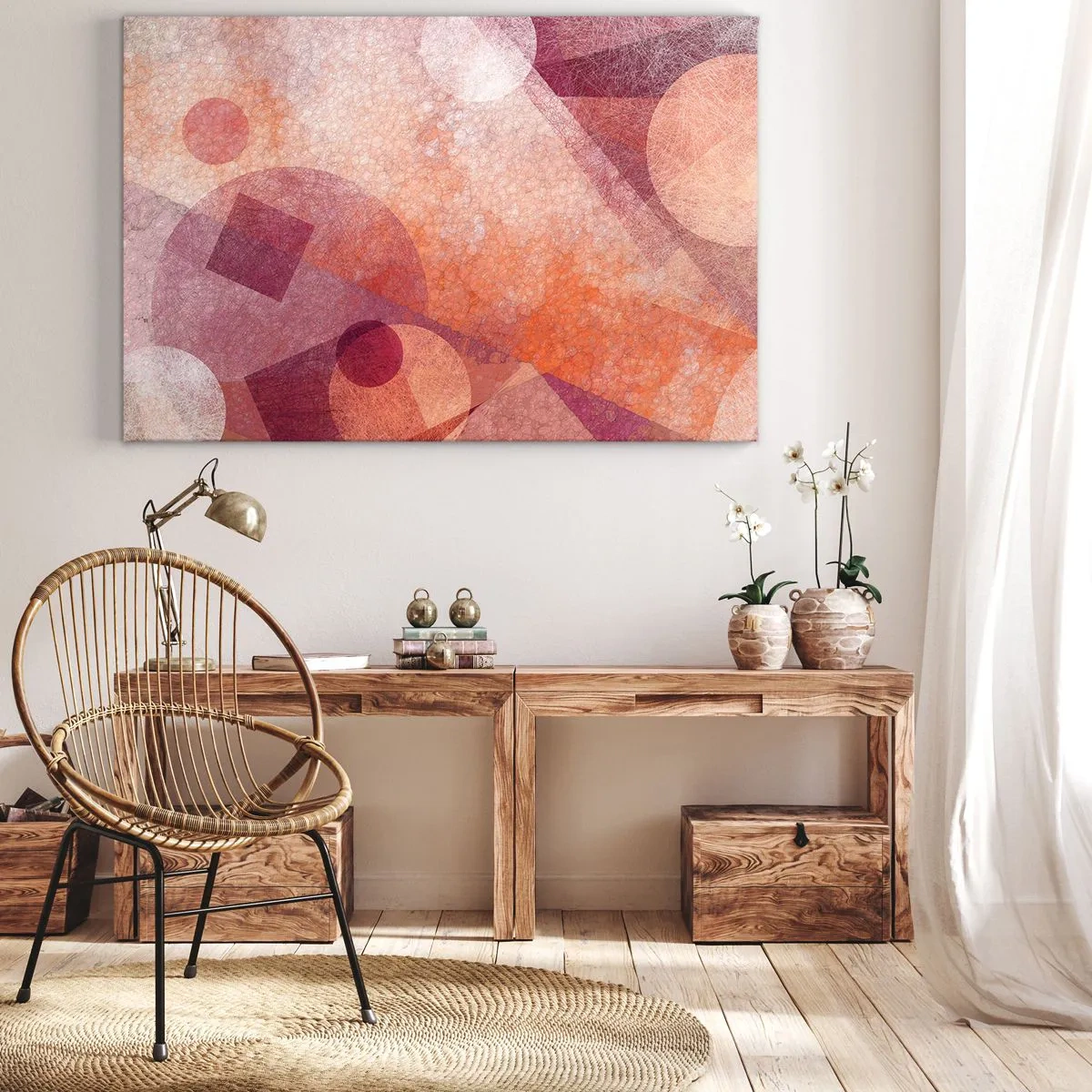 Tablou pe pânză Canvas - Forme geometrice abstracte în nuanțe pastelate de roz - 70x50cm - Transformări geometrice în roz - Decorațiune modernă pentru perete pentru living și dormitor ARTTOR