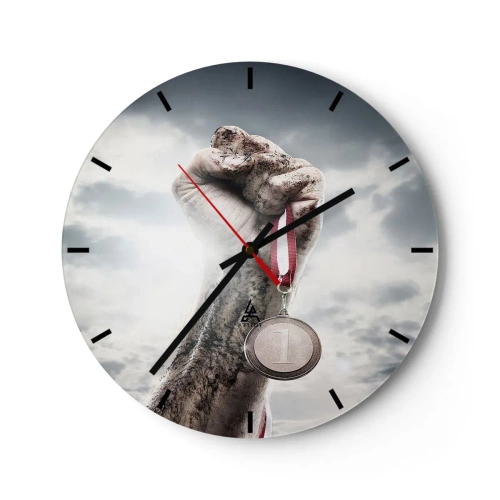 Ceas de perete - Ceas pe sticlă - Mână cu o medalie pe cer - 30x30cm - Per aspera ad astra - Decorațiune modernă pentru perete pentru living, bucătărie și dormitor ARTTOR