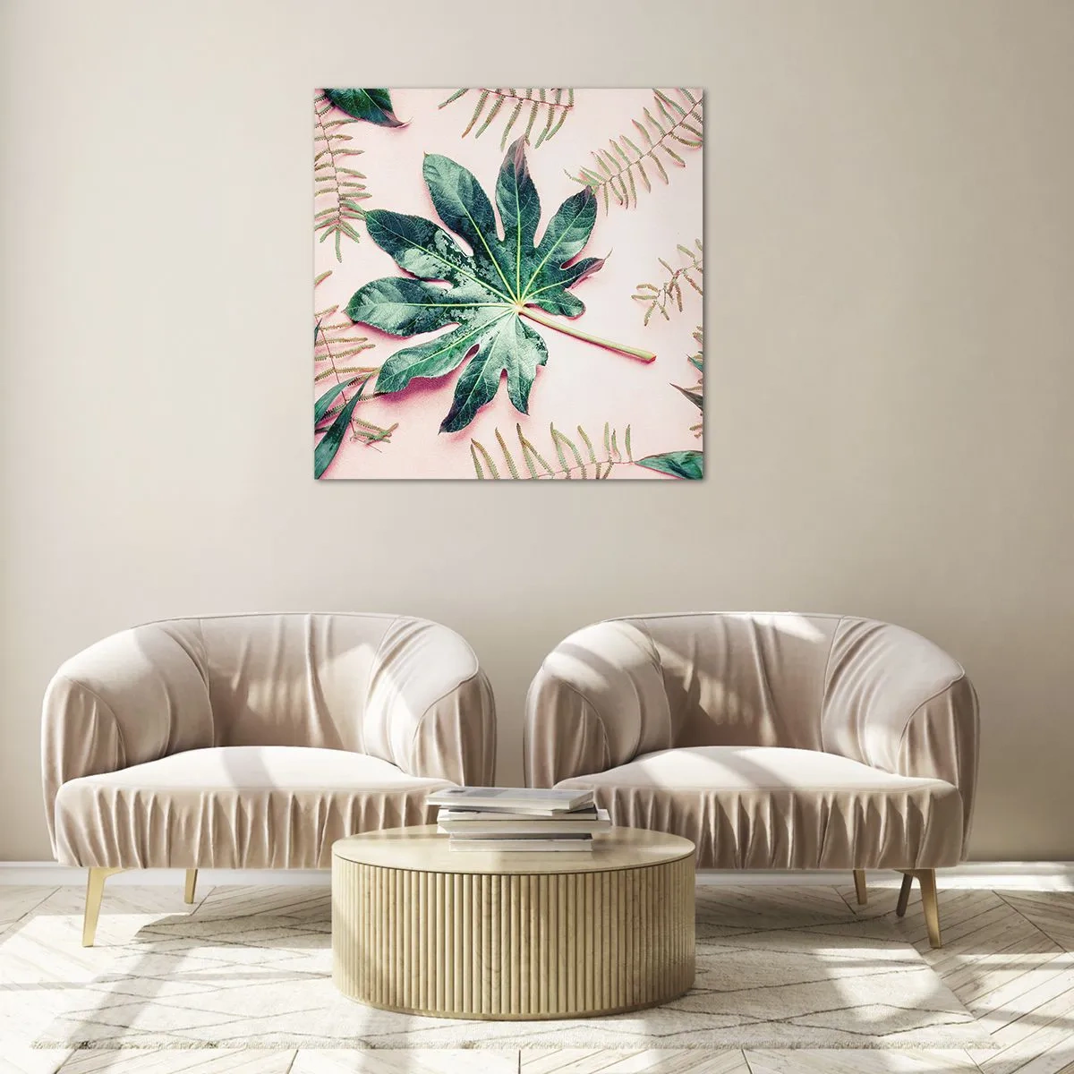 Tablou pe sticlă - Studiu de verdeață pe un fundal roz - 70x70 cm