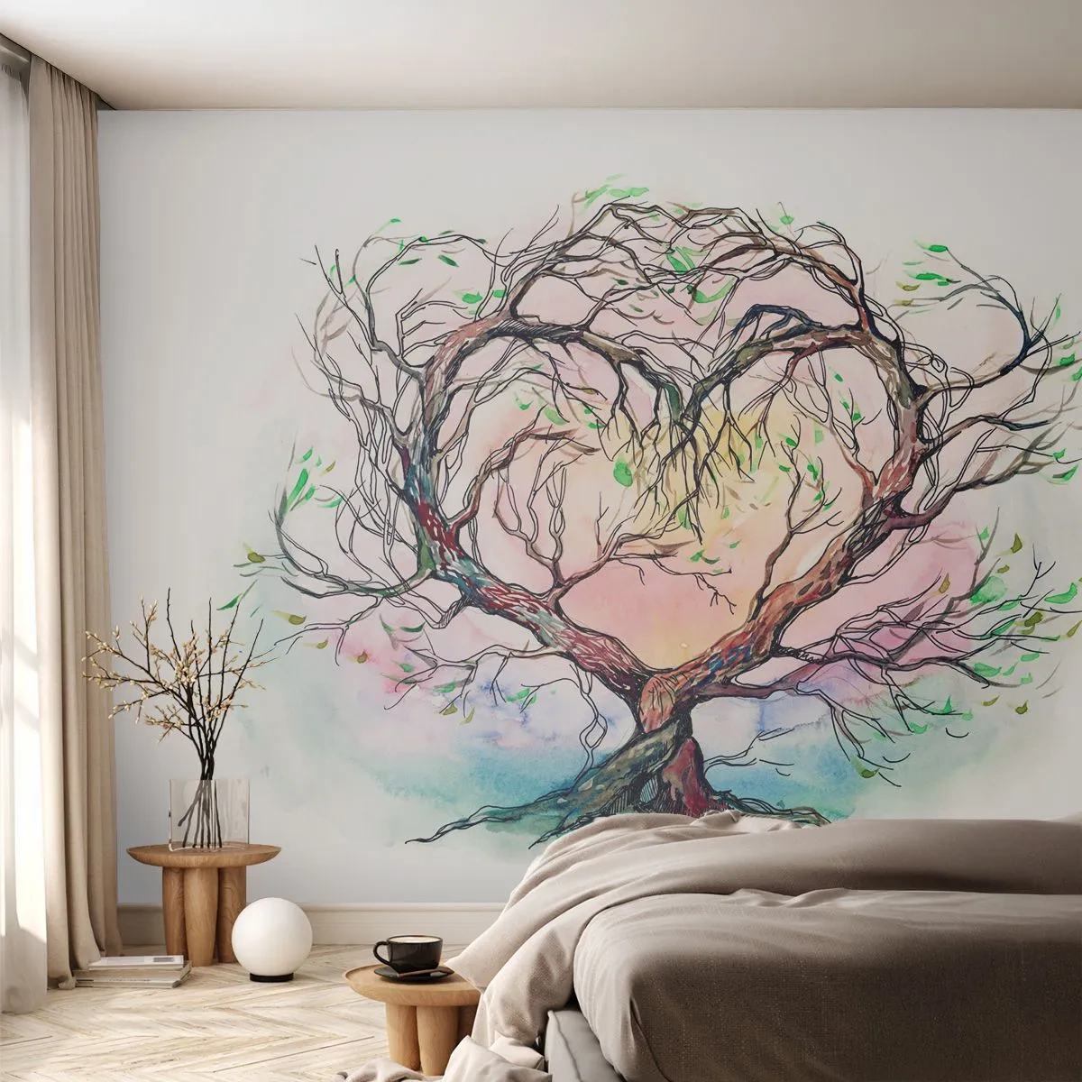 Tapet Standard Eco - Copac în formă de inimă în acuarelă - 100x70cm - Împreună împotriva vijeliei - Decorațiune modernă pentru perete pentru living și dormitor ARTTOR