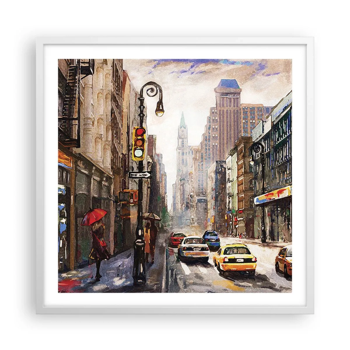 Poster în ramă albă - New York - plin de culoare și în ploaie - 60x60 cm