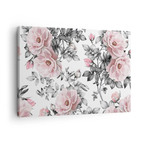 Tablou pe pânză Canvas - Trandafiri roz și frunze pe un fundal alb-negru delicat - 70x50cm - Pierde-te în florile de trandafir - Decorațiune modernă pentru perete pentru living și dormitor ARTTOR