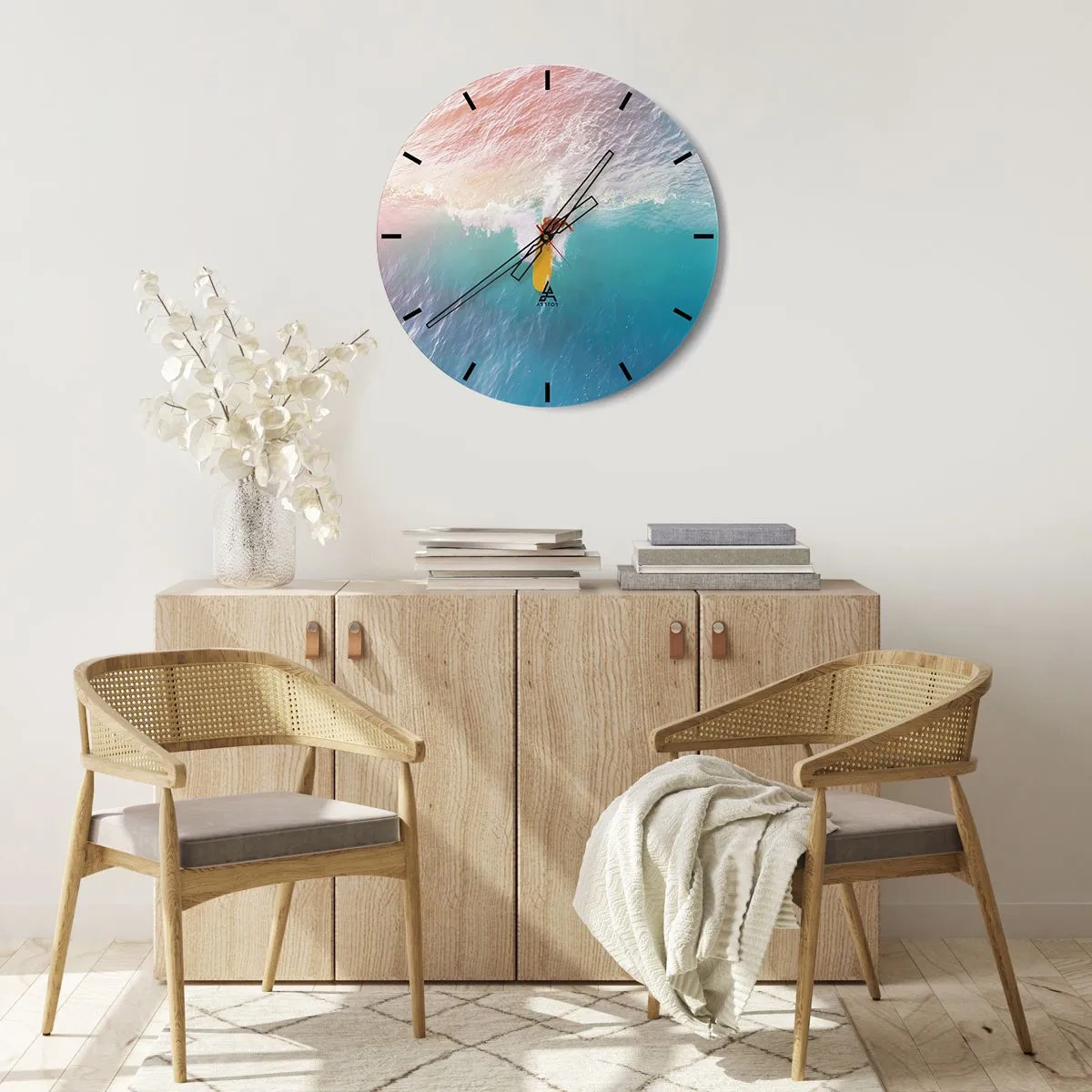 Ceas de perete - Ceas pe sticlă - Surfer călare pe un val în oceanul turcoaz - 30x30cm - Călărețul oceanului - Decorațiune modernă pentru perete pentru living, bucătărie și dormitor ARTTOR