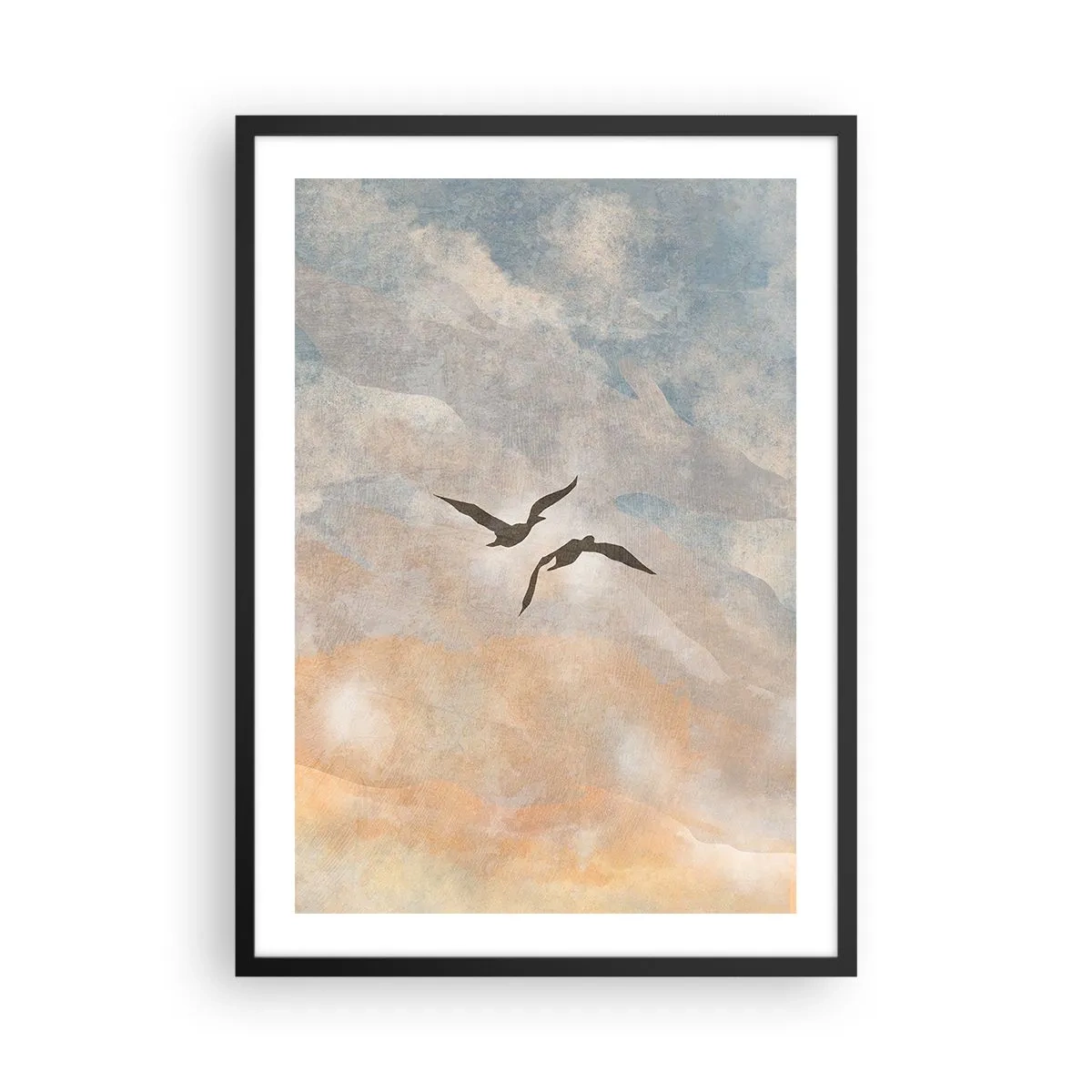 Poster în ramă neagră - Două păsări zburând pe cer, în nuanțe delicate de albastru și portocaliu. - 50x70cm - Dansul cerului - Decorațiune modernă pentru perete pentru living și dormitor ARTTOR