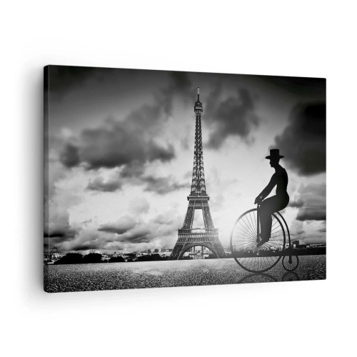 Tablou pe pânză Canvas - Imagine alb-negru a unei biciclete retro cu Turnul Eiffel în fundal - 70x50cm - Dorul de Belle Epoque - Decorațiune modernă pentru perete pentru living și dormitor ARTTOR