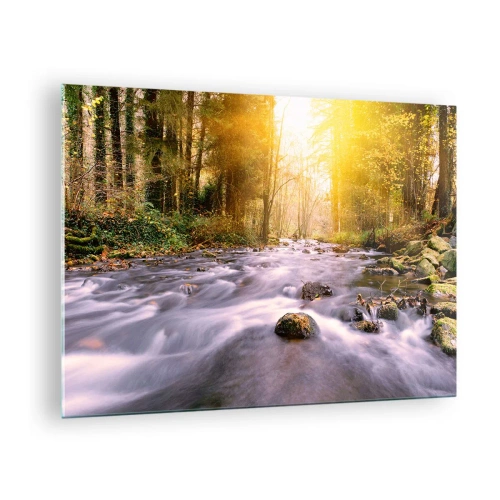 Tablou pe sticlă - Pârâu de pădure în lumina soarelui - 70x50cm - Malachit în rame de argint și aur - Decorațiune modernă pentru perete pentru living și dormitor ARTTOR