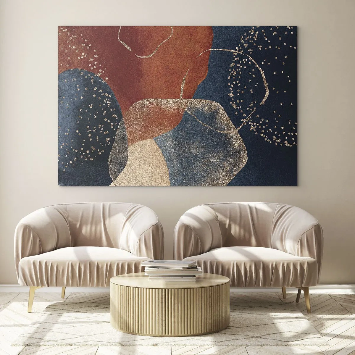 Tablou pe sticlă - Forme abstracte în nuanțe de albastru marin și cupru - 70x50cm - Ușurința de a fi - Decorațiune modernă pentru perete pentru living și dormitor ARTTOR