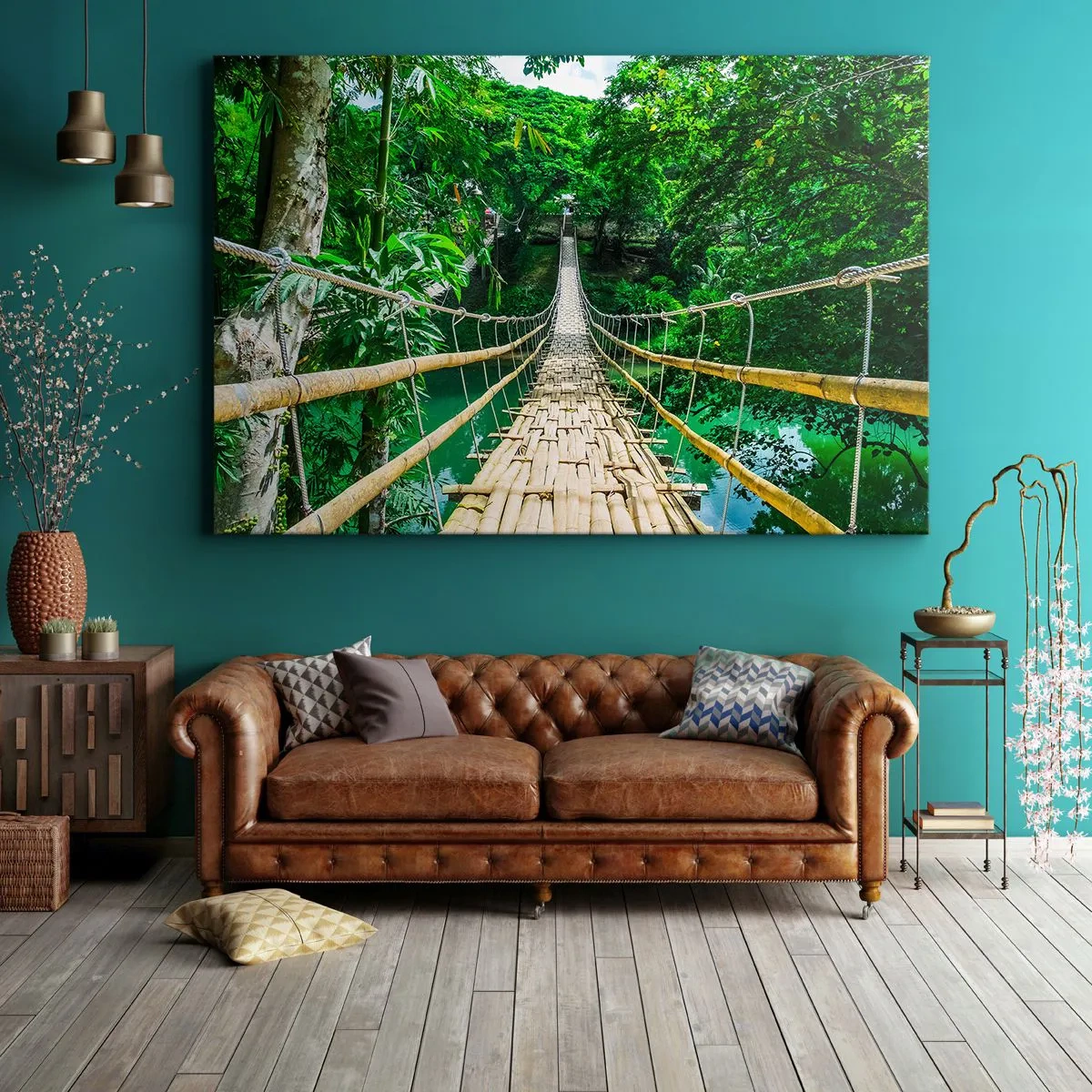 Tablou pe pânză Canvas - Un pod suspendat de bambus înconjurat de verdeață - 70x50cm - Pod de maimuțe peste verdeață - Decorațiune modernă pentru perete pentru living și dormitor ARTTOR