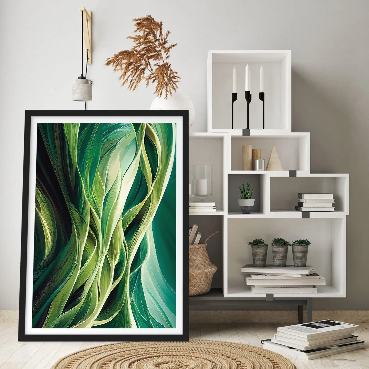 Poster în ramă neagră - O compoziție abstractă de forme organice, verzi. - 50x70cm - Un joc abstract de verde - Decorațiune modernă pentru perete pentru living și dormitor ARTTOR