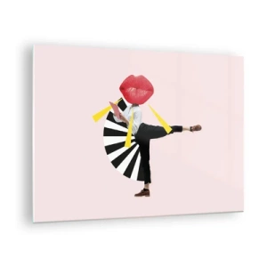 Tablou pe sticlă - O compoziție suprarealistă în stil pop art care prezintă un personaj cu o gură mare pe un fundal roz. - 70x50cm - Artă pop suprarealistă - Decorațiune modernă pentru perete pentru living și dormitor ARTTOR