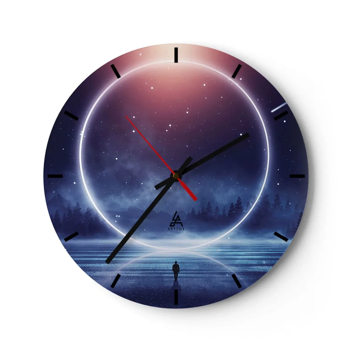 Ceas de perete - Ceas pe sticlă - Un inel spațial deasupra apei și o siluetă care privește spre el. - 30x30cm - Ei sunt deja aici... - Decorațiune modernă pentru perete pentru living, bucătărie și dormitor ARTTOR