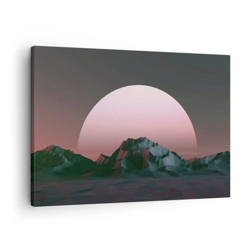 Tablou pe pânză Canvas - Munți geometrici cu soarele apunând în fundal - 70x50cm - Într-o galaxie învecinată - Decorațiune modernă pentru perete pentru living și dormitor ARTTOR