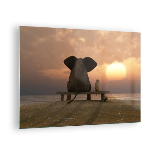 Tablou pe sticlă - Elefant și câine pe o bancă la apus - 70x50cm - Este bine să tăcem împreună - Decorațiune modernă pentru perete pentru living și dormitor ARTTOR
