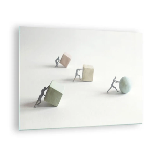 Tablou pe sticlă - Figurine miniaturale se rostogolesc și împing forme geometrice. - 70x50cm - Viața însăși - Decorațiune modernă pentru perete pentru living și dormitor ARTTOR