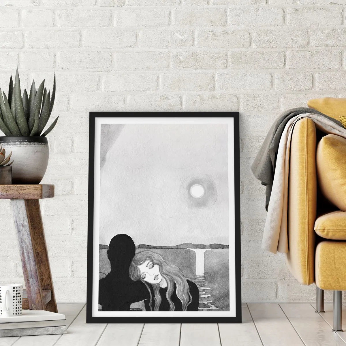 Poster în ramă neagră - Femeie sprijinită pe o figură din umbră, lună și cascadă - 50x70cm - Întotdeauna un mister - Decorațiune modernă pentru perete pentru living și dormitor ARTTOR