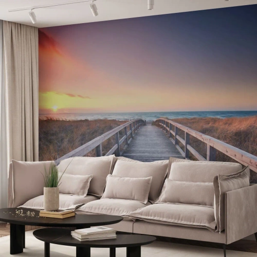 Tapet Standard Eco - Pasarelă de lemn care duce la plajă la apus - 100x70cm - Aurora baltică de seară - Decorațiune modernă pentru perete pentru living și dormitor ARTTOR
