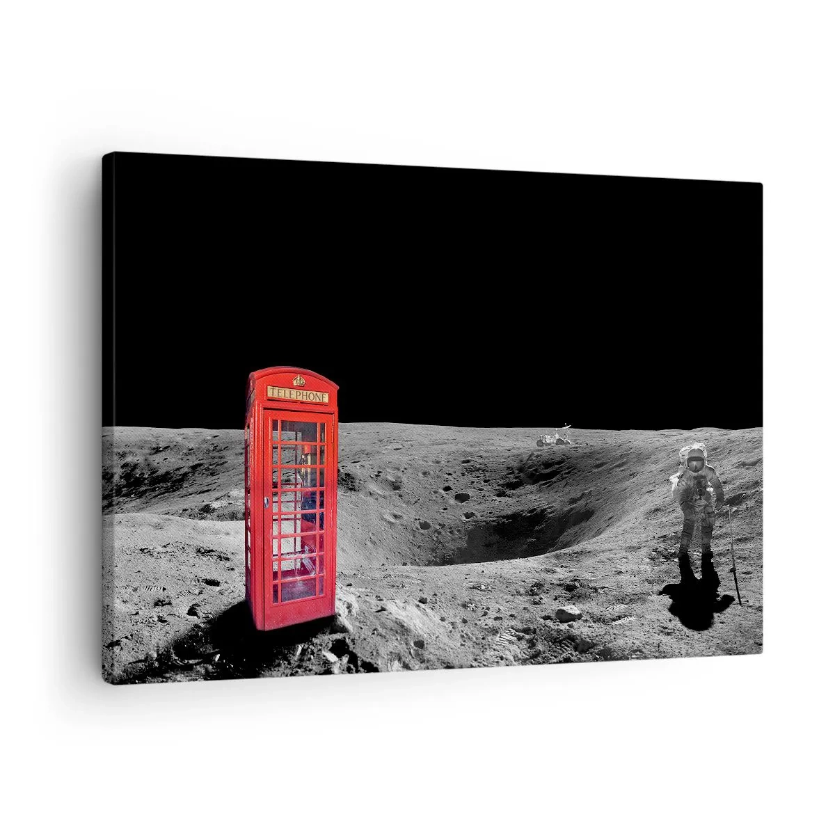 Tablou pe pânză Canvas - Cabină telefonică roșie pe Lună - 70x50cm - Glumă cosmică - Decorațiune modernă pentru perete pentru living și dormitor ARTTOR
