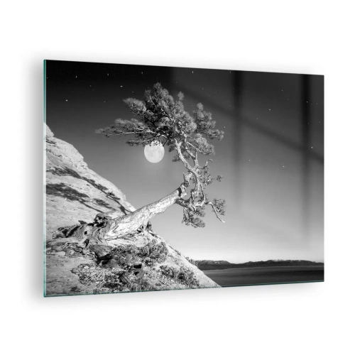 Tablou pe sticlă - Un copac aplecat pe o coastă de deal, cu luna în fundal - 70x50cm - Războinicul victorios - Decorațiune modernă pentru perete pentru living și dormitor ARTTOR