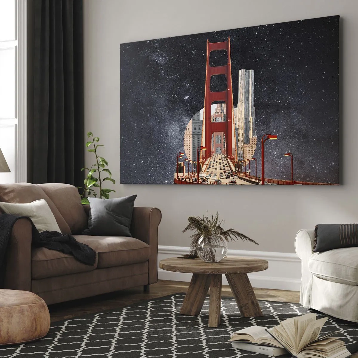 Tablou pe pânză Canvas - Podul Golden Gate cu orașul în fundal pe un cer înstelat - 70x50cm - Întotdeauna în centru - Decorațiune modernă pentru perete pentru living și dormitor ARTTOR