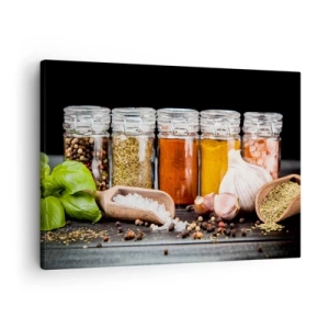 Tablou pe pânză Canvas - Ierburi și condimente în borcane de sticlă pe fundal închis - 70x50cm - Pentru a da un gust vieții - Decorațiune modernă pentru perete pentru living și dormitor ARTTOR
