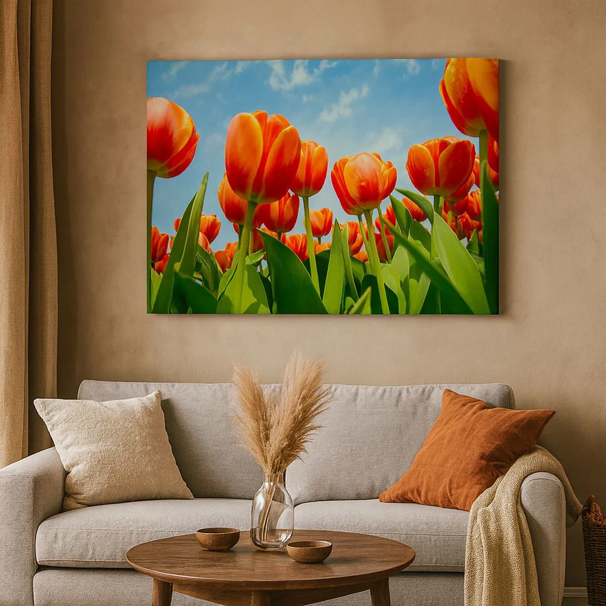 Tablou pe pânză Canvas - Un câmp de lalele roșii și portocalii pe un cer albastru - 70x50cm - Doar cerul albastru - Decorațiune modernă pentru perete pentru living și dormitor ARTTOR