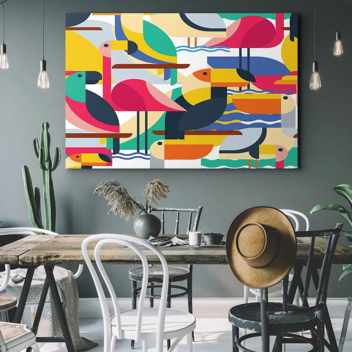 Tablou pe pânză Canvas - Păsări colorate într-o compoziție abstractă, geometrică - 70x50cm - Cheful păsărilor - Decorațiune modernă pentru perete pentru living și dormitor ARTTOR