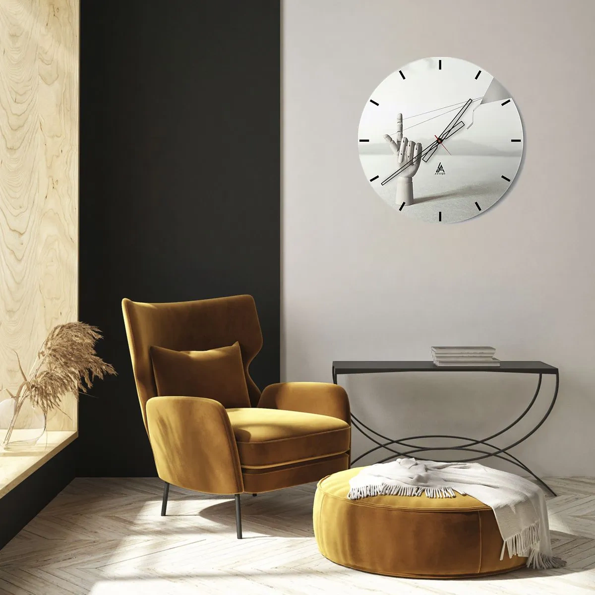 Ceas de perete - Ceas pe sticlă - O mână de lemn întinde frânghii într-un peisaj suprarealist. - 30x30cm - Încercare de forță - Decorațiune modernă pentru perete pentru living, bucătărie și dormitor ARTTOR
