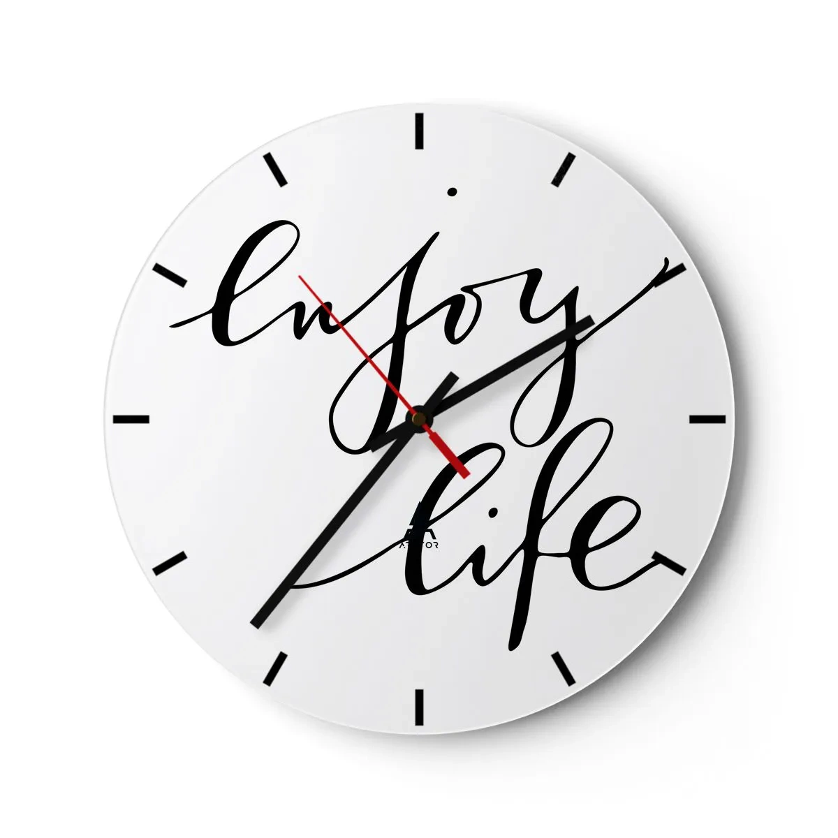 Ceas de perete - Ceas pe sticlă - Un ceas alb cu inscripția neagră „Enjoy Life” pe un fundal minimalist. - 30x30cm - Nimic de adăugat... - Decorațiune modernă pentru perete pentru living, bucătărie și dormitor ARTTOR