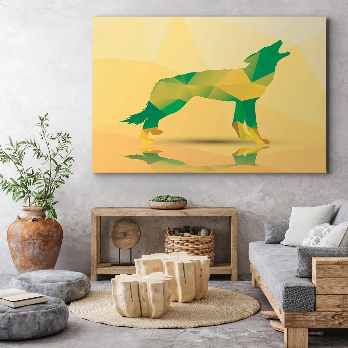 Tablou pe pânză Canvas - Siluetă geometrică de lup în nuanțe de verde și galben - 70x50cm - Lupul singuratic - Decorațiune modernă pentru perete pentru living și dormitor ARTTOR