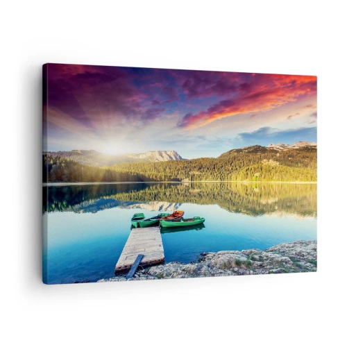Tablou pe pânză Canvas - Apus de soare peste lac cu bărci la dig - 70x50cm - Spre o apă netedă ca o oglindă - Decorațiune modernă pentru perete pentru living și dormitor ARTTOR
