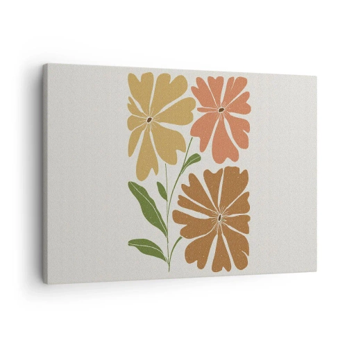 Tablou pe pânză Canvas - Trei flori în culori calde pe un fundal deschis - 70x50cm - Natură și geometrie - Decorațiune modernă pentru perete pentru living și dormitor ARTTOR