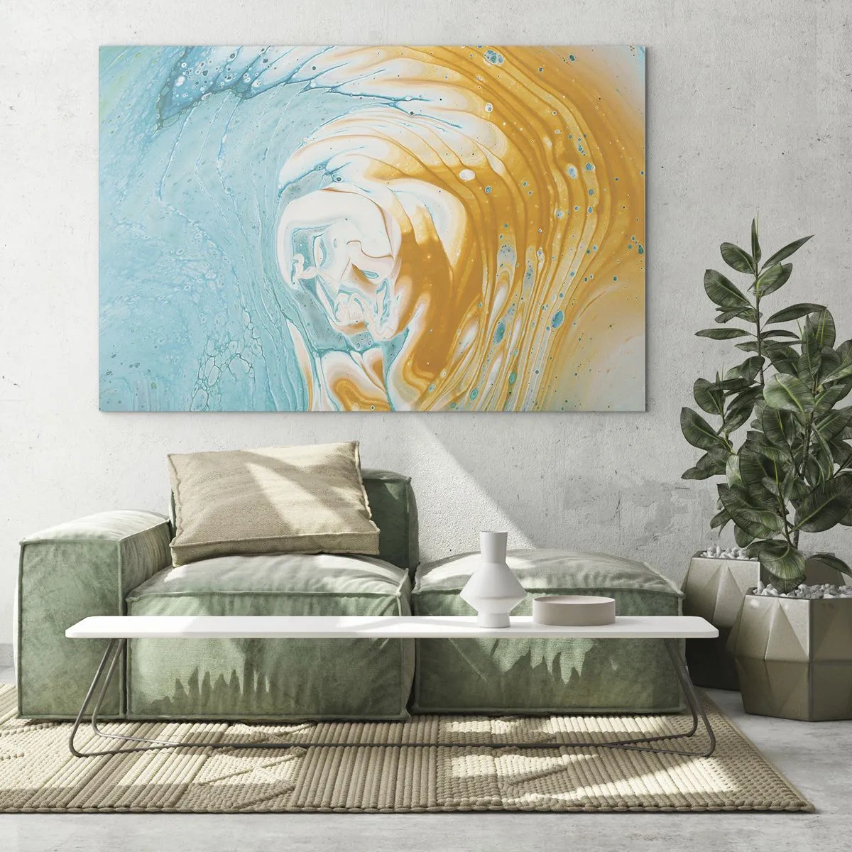 Tablou pe sticlă - Vârtej pastelat în culori albastru și galben - 70x50cm - Vârtej de pastel - Decorațiune modernă pentru perete pentru living și dormitor ARTTOR