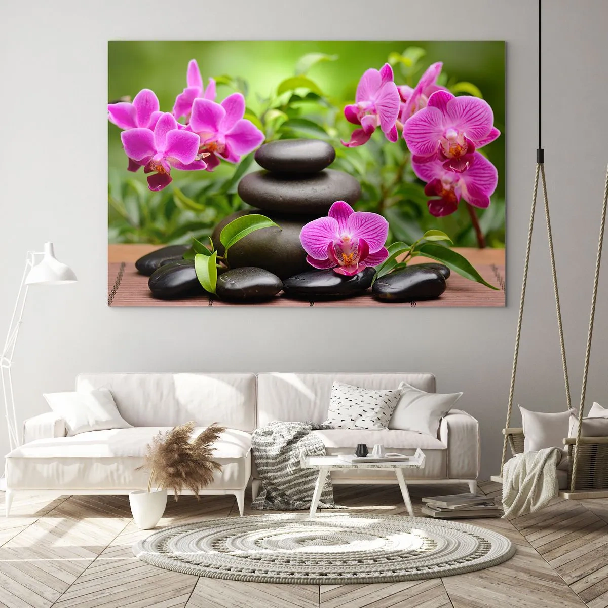 Tablou pe sticlă - Orhidee roz și pietre negre într-un cadru liniștit - 70x50cm - Piramida de liniște - Decorațiune modernă pentru perete pentru living și dormitor ARTTOR