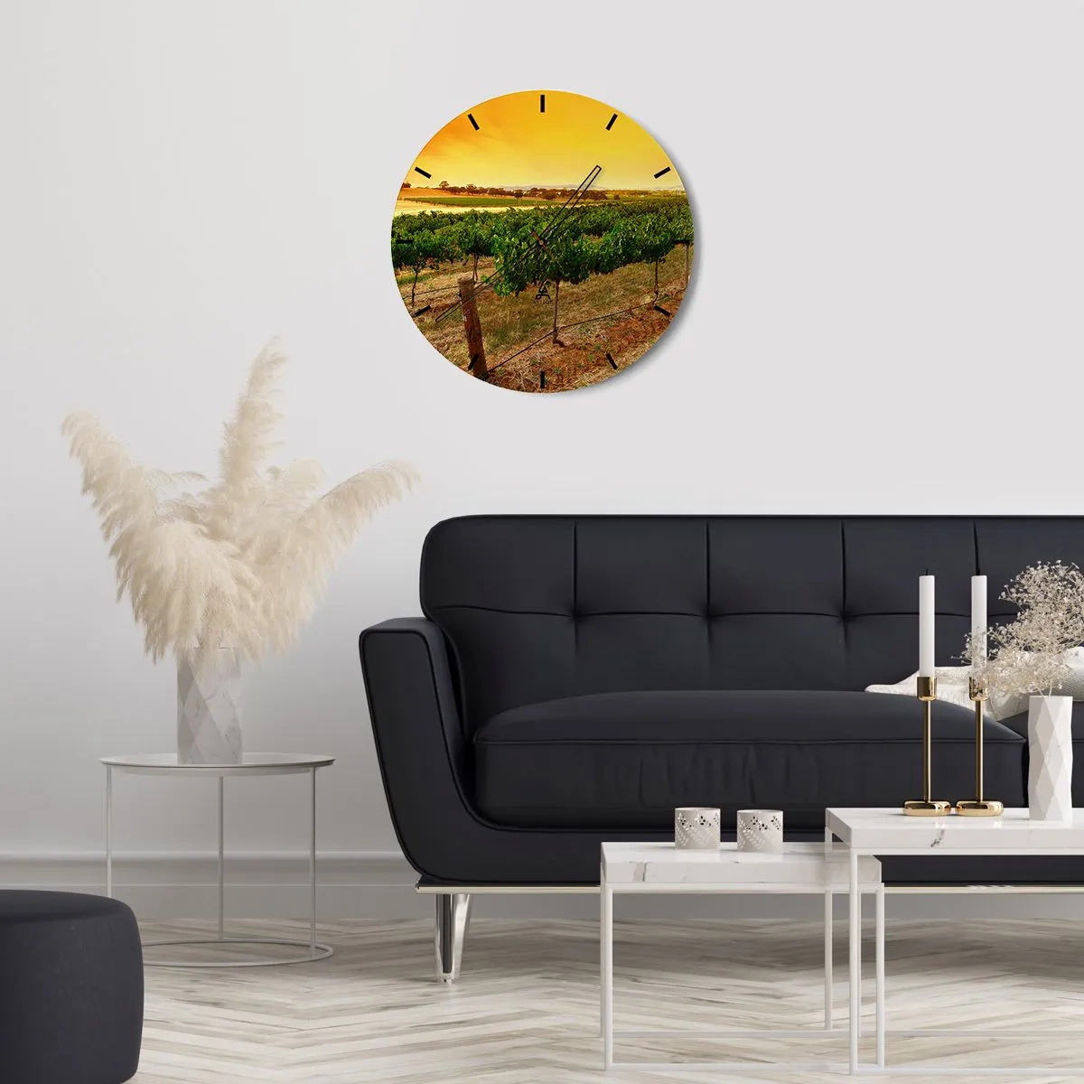 Ceas de perete - Ceas pe sticlă - Peisaj podgorie la apus - 30x30cm - Să bem soarele - Decorațiune modernă pentru perete pentru living, bucătărie și dormitor ARTTOR