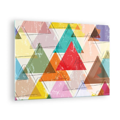 Tablou pe sticlă - Model abstract de triunghiuri în diferite culori - 70x50cm - Trei câte trei - Decorațiune modernă pentru perete pentru living și dormitor ARTTOR
