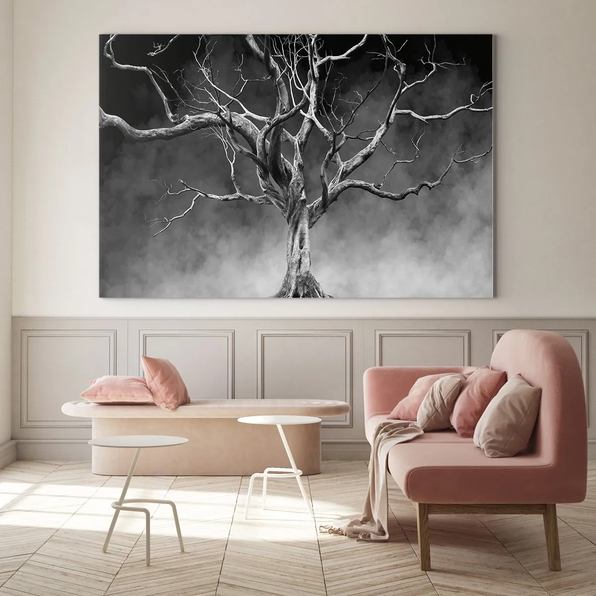 Tablou pe sticlă - Copac negru pe fundalul ceții - 70x50cm - Primare și sacre - Decorațiune modernă pentru perete pentru living și dormitor ARTTOR