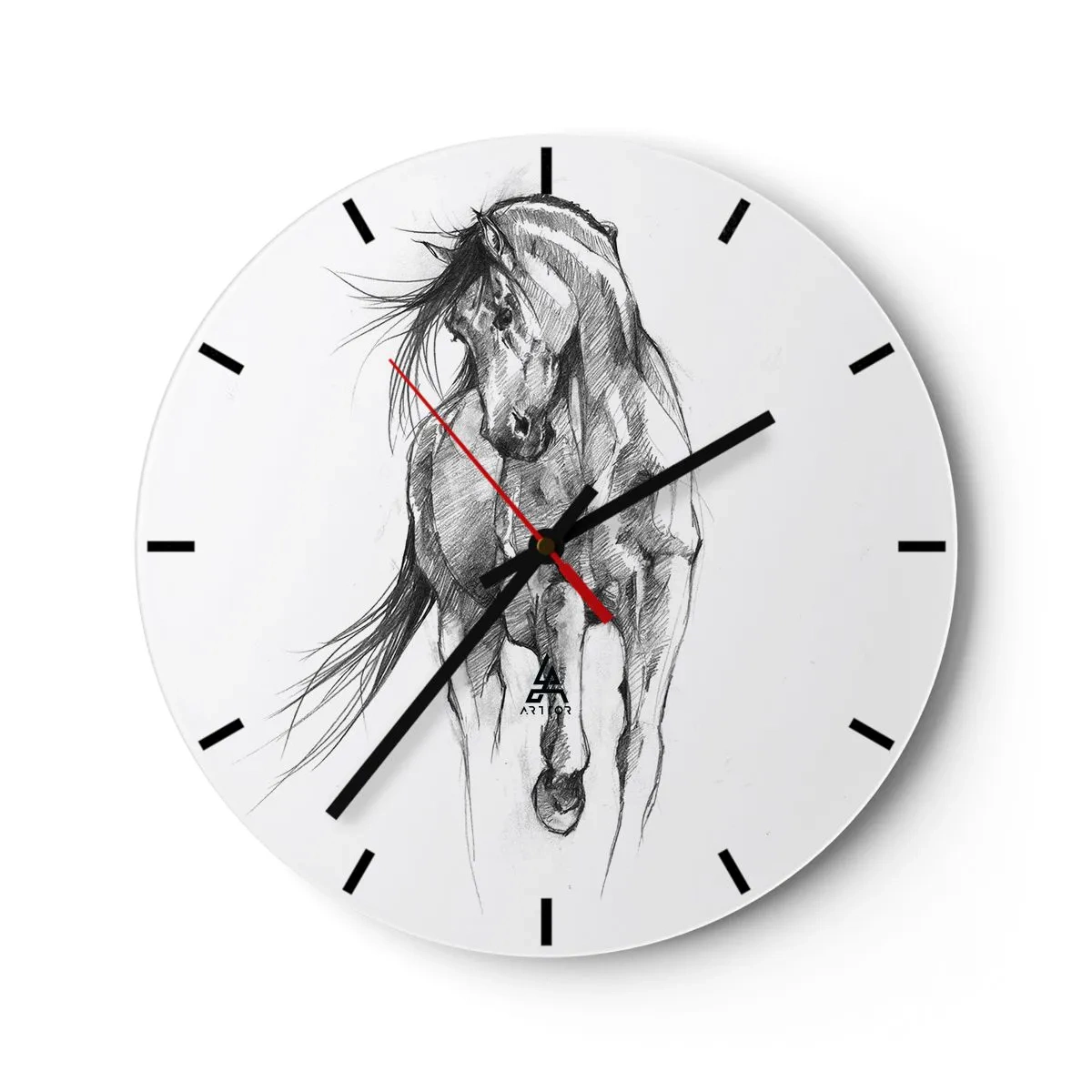 Ceas de perete - Ceas pe sticlă - O schiță în creion a unui cal în galop pe fundal alb. - 30x30cm - Într-un trap grațios - Decorațiune modernă pentru perete pentru living, bucătărie și dormitor ARTTOR