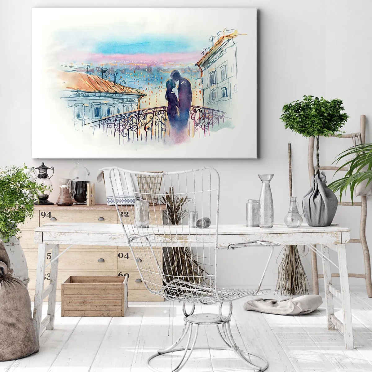 Tablou pe pânză Canvas - Cuplu romantic pe un balcon cu vedere la oraș - 70x50cm - Iubiți parizieni - Decorațiune modernă pentru perete pentru living și dormitor ARTTOR