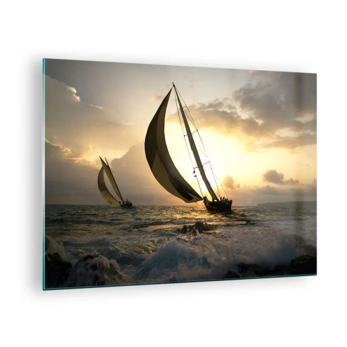 Tablou pe sticlă - Bărci cu pânze pe o mare furtunoasă la apus - 70x50cm - Vânt în jos și în sus - Decorațiune modernă pentru perete pentru living și dormitor ARTTOR