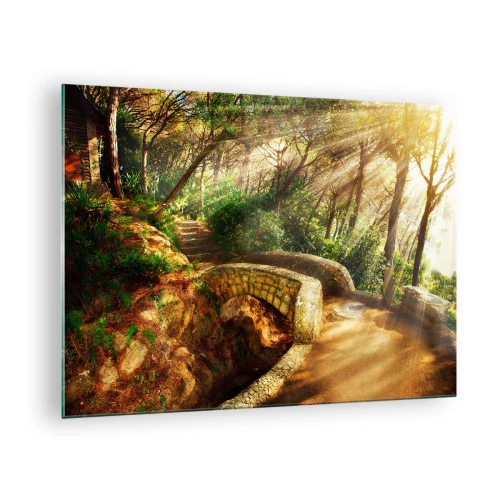 Tablou pe sticlă - Razele soarelui luminând podul și poteca din pădure - 70x50cm - Direct de pe pod în pădurea de basm - Decorațiune modernă pentru perete pentru living și dormitor ARTTOR
