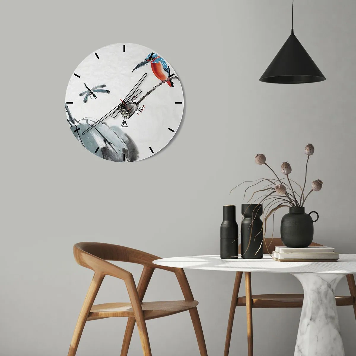 Ceas de perete - Ceas pe sticlă - Ilustrație a unui pescăruș albastru și a unei libelule pe un fundal peisagistic stilizat - 30x30cm - Viața de pajiște - Decorațiune modernă pentru perete pentru living, bucătărie și dormitor ARTTOR