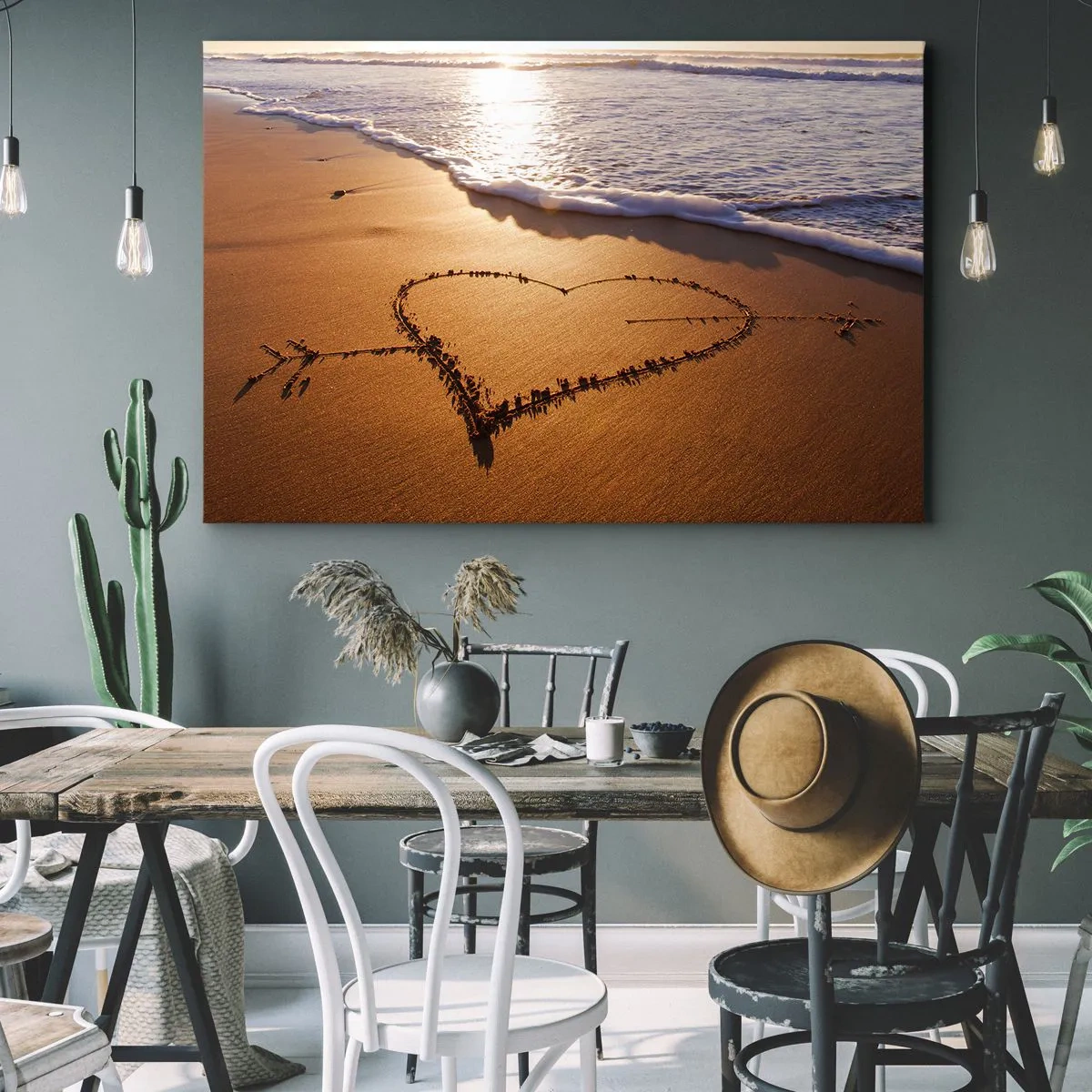 Tablou pe pânză Canvas - O inimă făcută din nisip pe plajă la apus - 70x50cm - Confesiune de vacanță - Decorațiune modernă pentru perete pentru living și dormitor ARTTOR