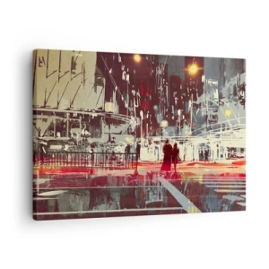 Tablou pe pânză Canvas - Oraș noaptea cu lumini neon și siluete de oameni pe stradă - 70x50cm - O trecere metropolitană - Decorațiune modernă pentru perete pentru living și dormitor ARTTOR