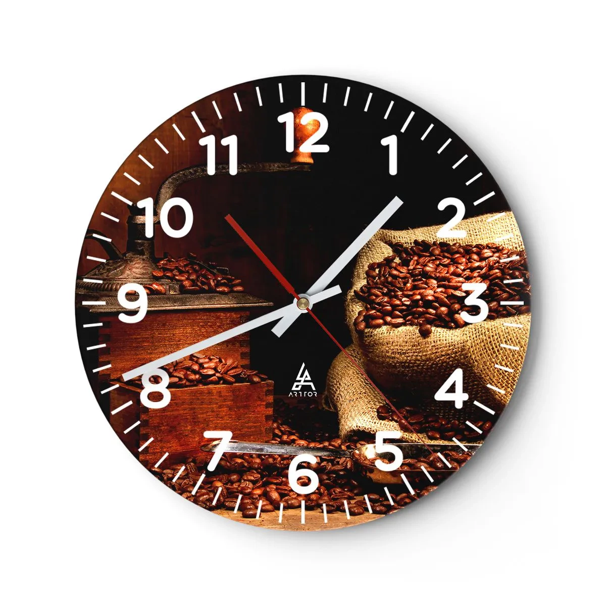 Ceas de perete - Ceas pe sticlă - Natură moartă cu boabe de cafea și măcinător - 30x30 cm